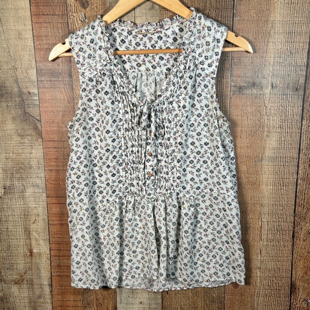 Holding Horses Anthropologie White Floral Pintuck Ruffle Sleeveless Blouse Small